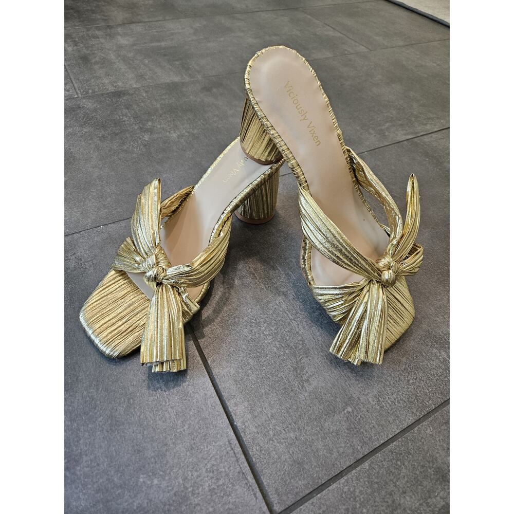 Gold Summer Mid Block Heels Pleated Bowknot Open Toe Size 9 Sandals Pumps